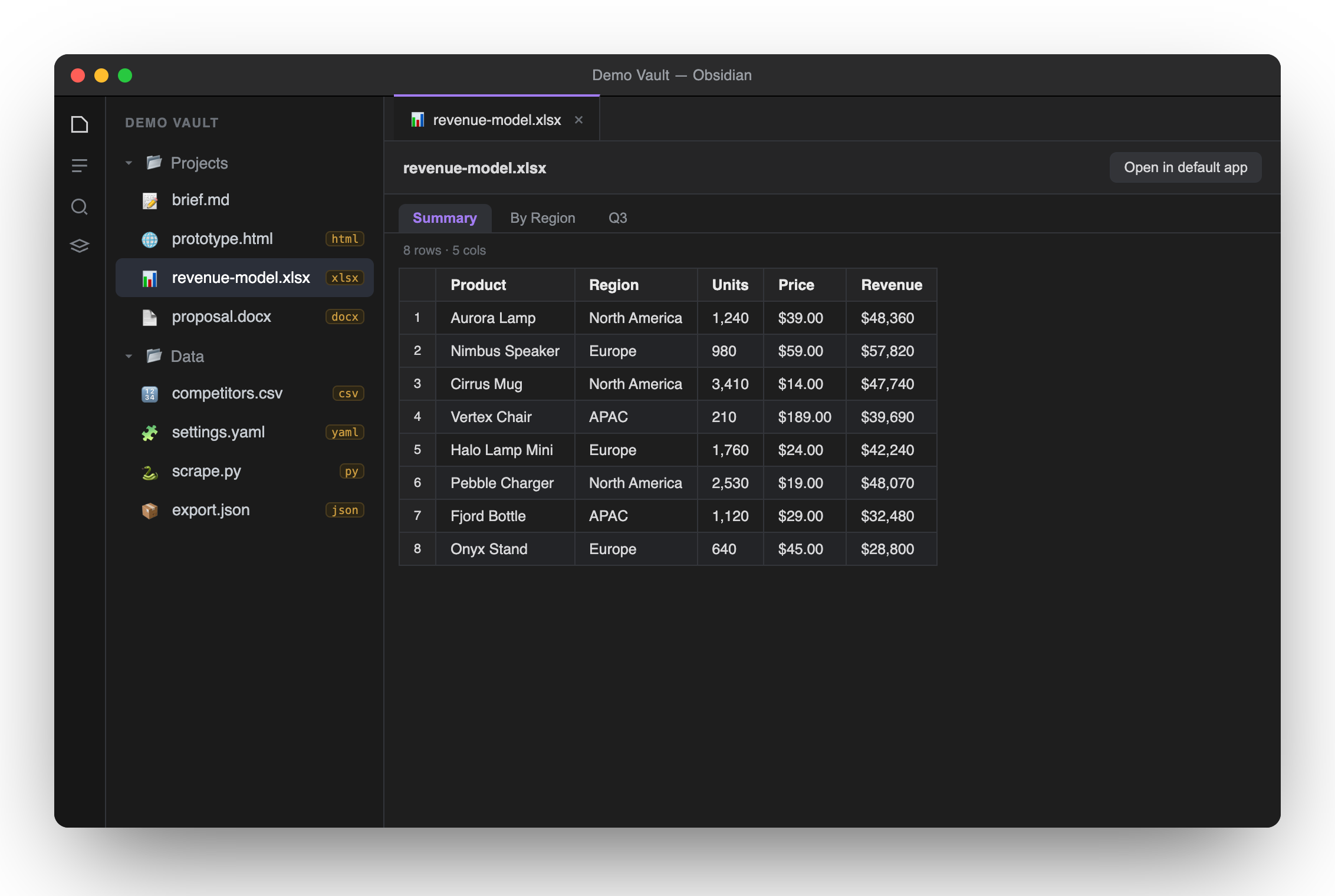 Loupe previewing a spreadsheet inside Obsidian, with .html, .docx, .csv and code files now visible in the file explorer
